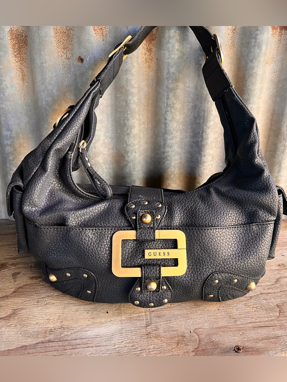 Vintage GUESS Y2K Black Pebbled Hobo Bag Gold Chunky G Logo Studded Moto Chic